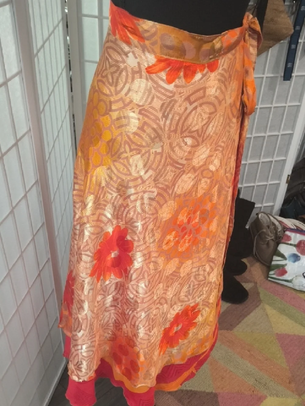 VINTAGE Silk Sari Reversible Wrap Skirt - Red & Orange - Darn Good Yarn - Picture 13 of 17